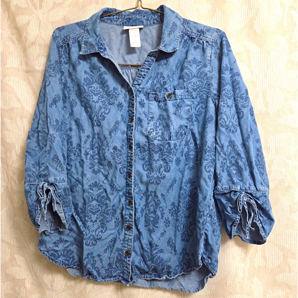 Alfred Dunner Womens M Blue Shirt Tencel Denim Button Up Floral BoHo Western